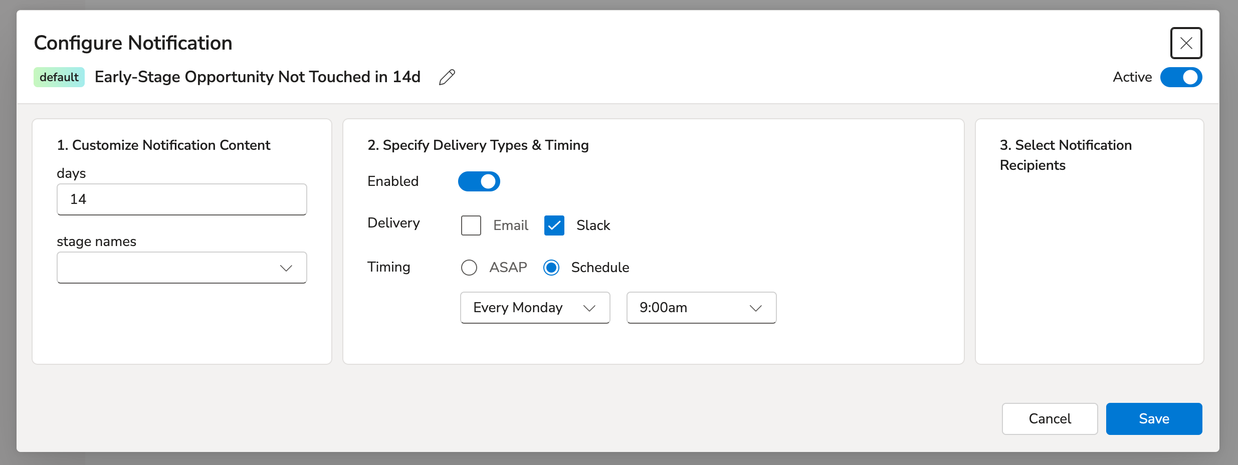 the SetSail ssai notification configuration modal